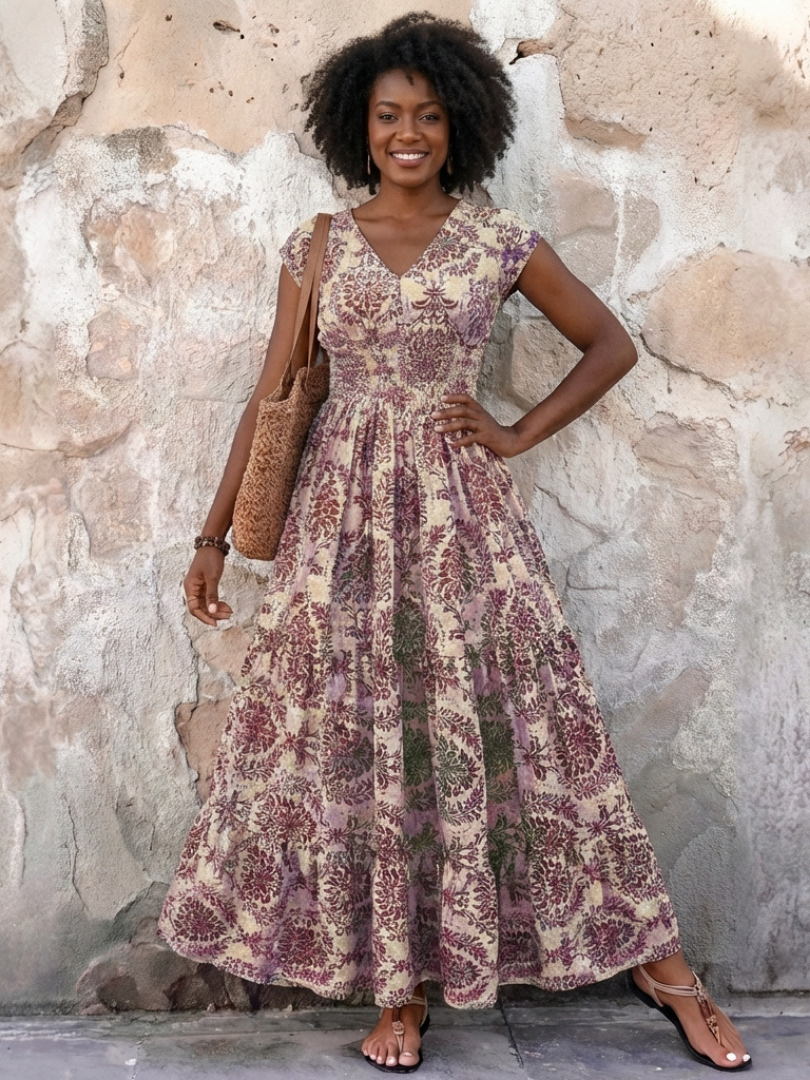 Womens tiered bohemian maxi dress with cap sleeves and a V-neck, offering elegant and casual summer fashion.