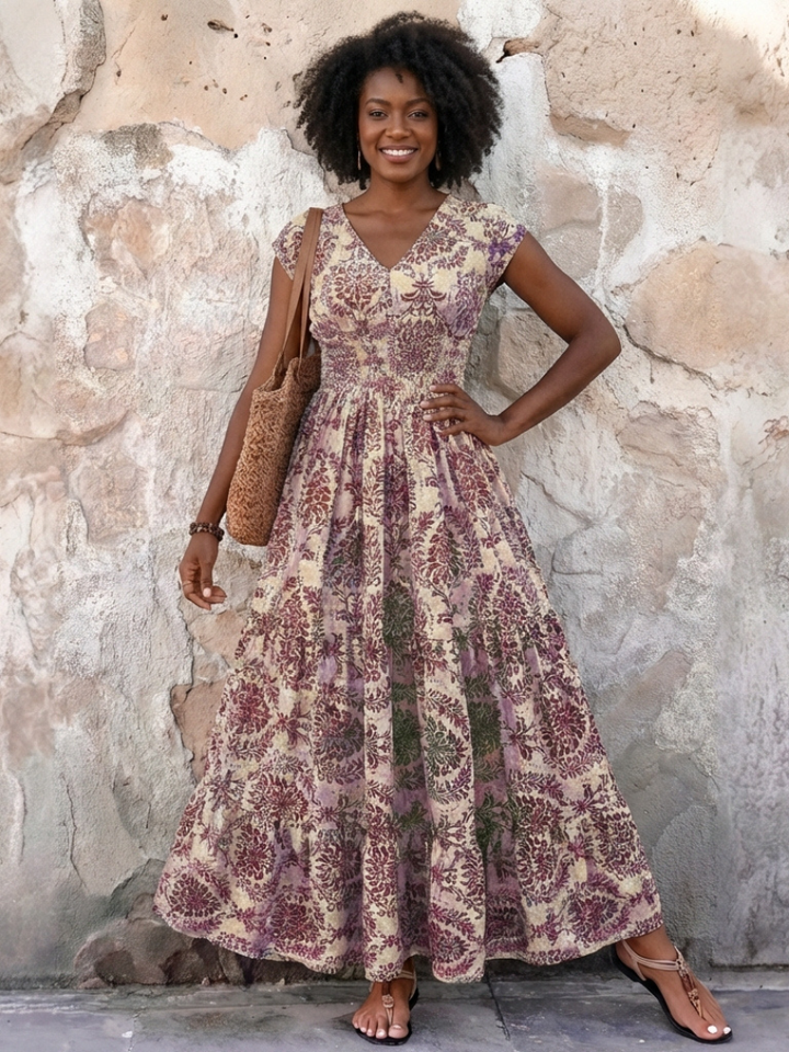 Womens tiered bohemian maxi dress with cap sleeves and a V-neck, offering elegant and casual summer fashion.