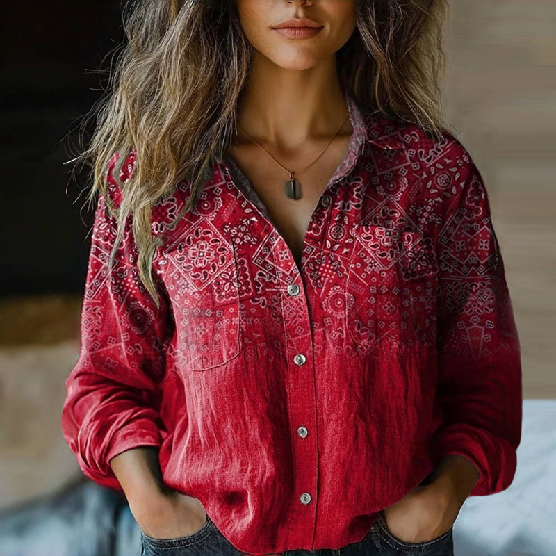 Women's bohemian vintage blouse with delicate floral print. Long sleeve collared top for spring and autumn casual chic.
