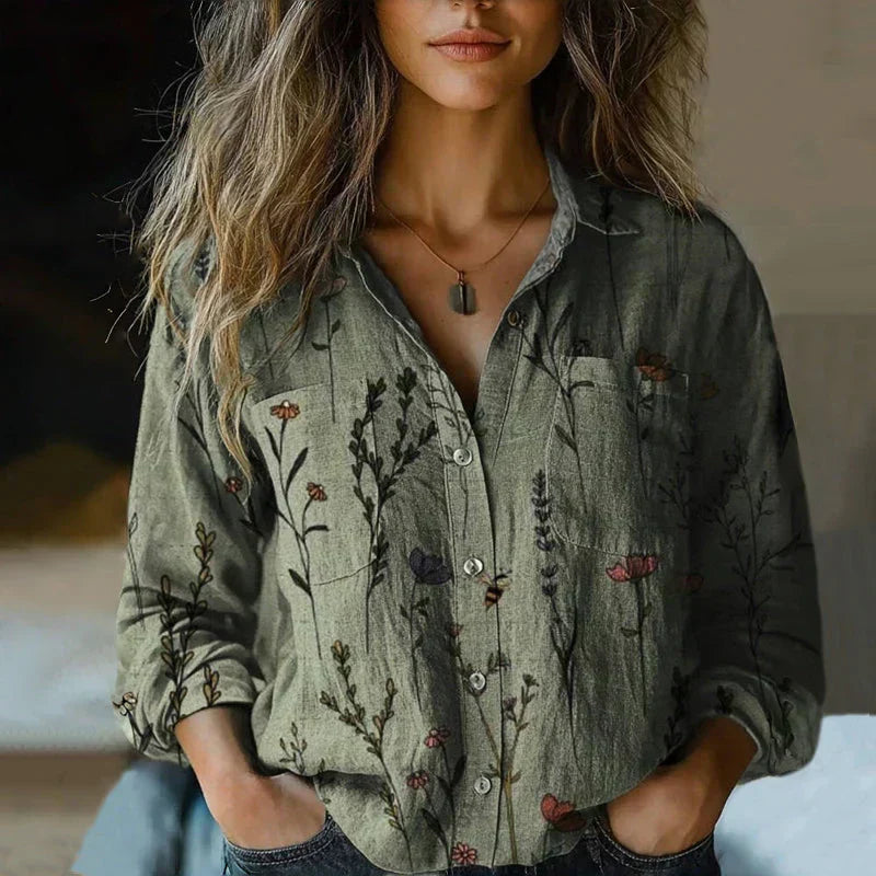 Elegant women's bohemian long sleeve blouse. Vintage floral print collared shirt, versatile for spring & autumn fashion.