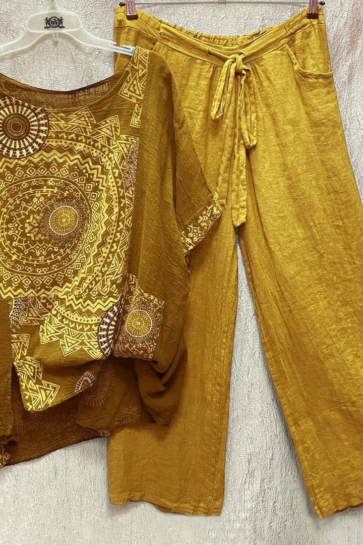 Women's boho chic mandala print two-piece set, featuring a relaxed top and wide-leg drawstring pants, perfect for summer.
