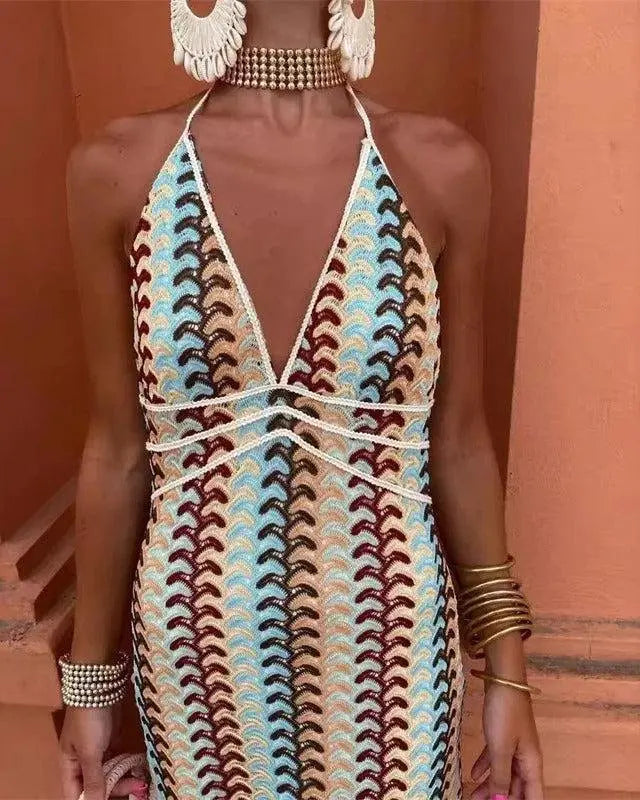 Elegant bohemian crochet maxi dress for women, ideal for beach weddings, summer parties, or vacation.