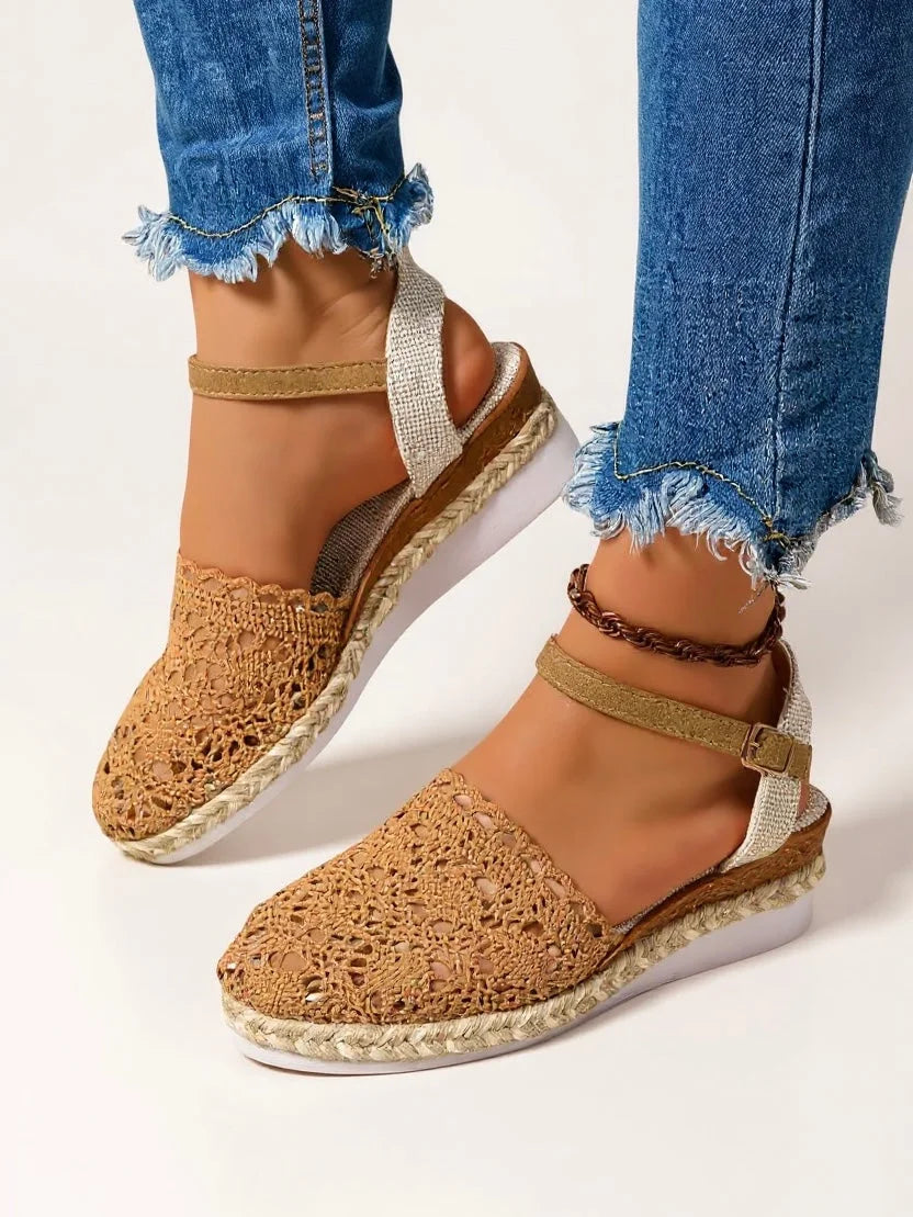 Must-have women's boho crochet platform sandals. Closed toe, ankle strap, perfect for casual summer style.