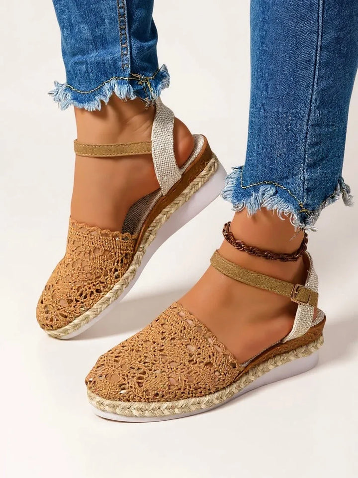 Must-have women's boho crochet platform sandals. Closed toe, ankle strap, perfect for casual summer style.