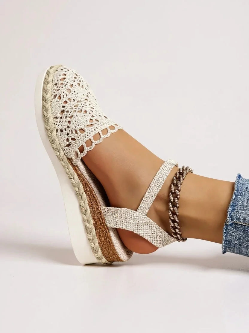 Stylish women's platform sandals. Crochet upper, closed toe, ankle strap for casual summer wear.