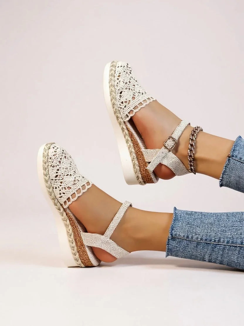 Boho crochet closed-toe platform sandals for women, featuring a secure ankle strap. Ideal beach footwear.