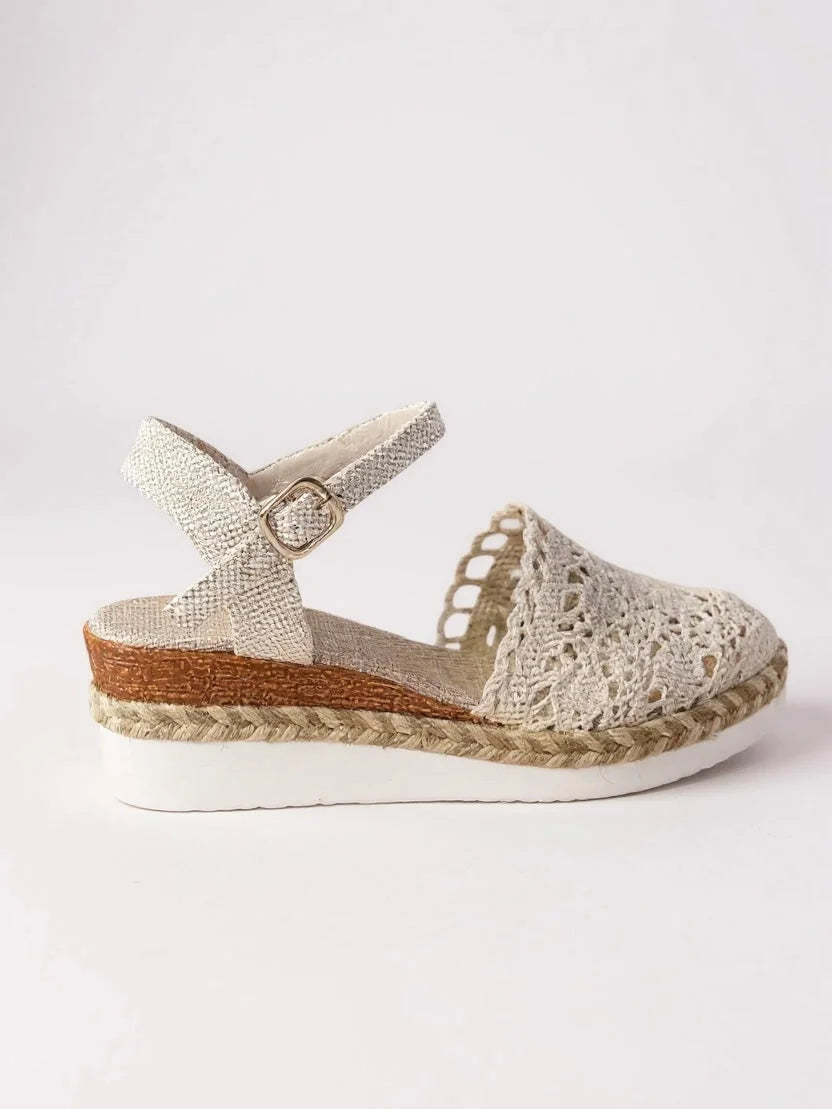 Comfortable women's summer sandals: crochet closed-toe, platform heel, adjustable ankle strap.