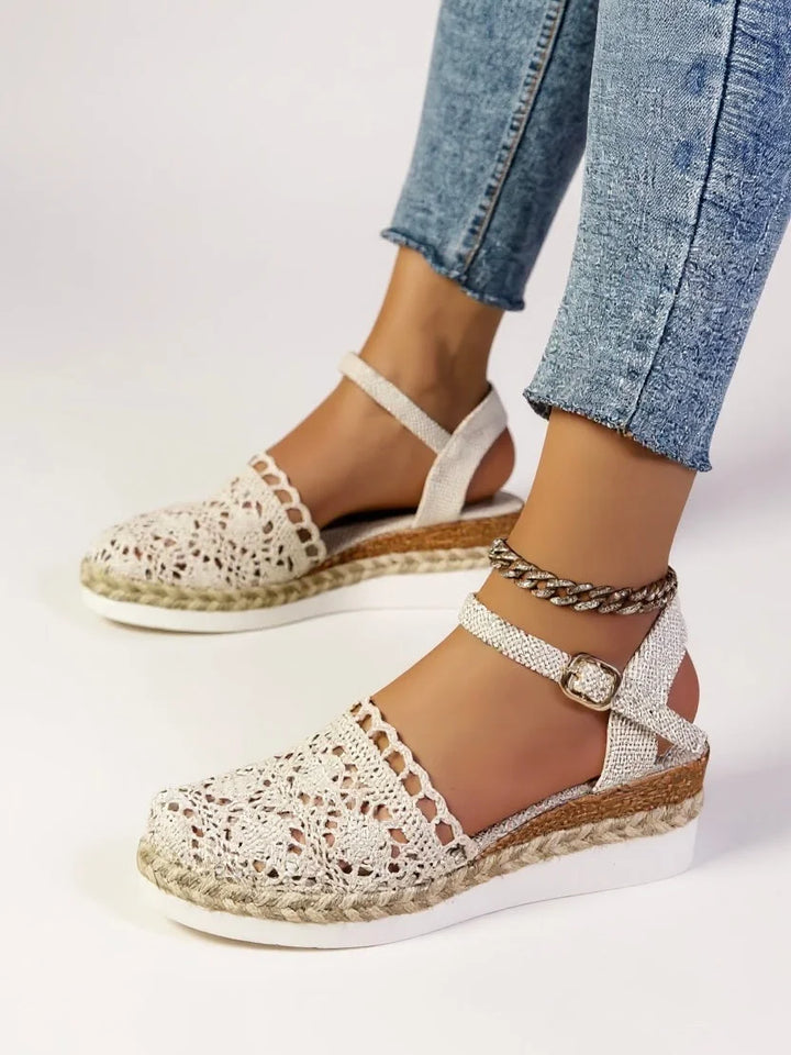Casual chic women's boho sandals. Platform, closed-toe crochet design with an elegant ankle strap.