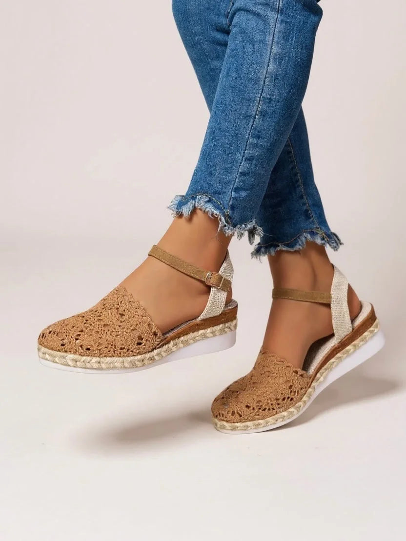 Holiday ready women's closed-toe crochet platform sandals with supportive ankle strap.