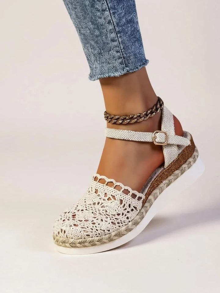 Women's crochet platform sandals. Boho closed-toe design, secure ankle strap for beach or casual.