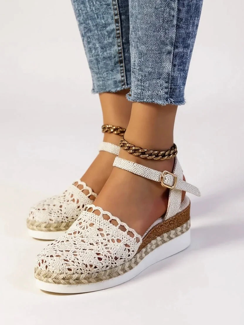Elegant women's summer platform sandals. Closed-toe, boho crochet, and comfortable ankle strap.