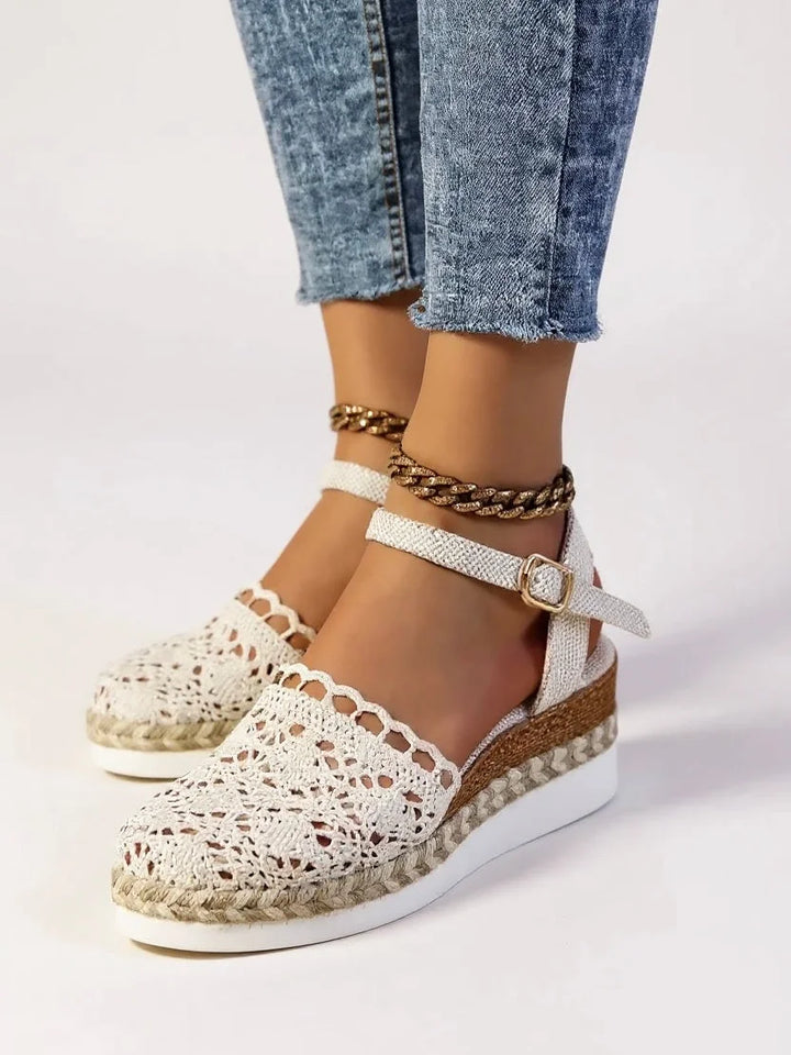 Elegant women's summer platform sandals. Closed-toe, boho crochet, and comfortable ankle strap.