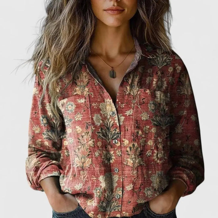 Women's Boho floral long sleeve button-up blouse, perfect for relaxed bohemian style.