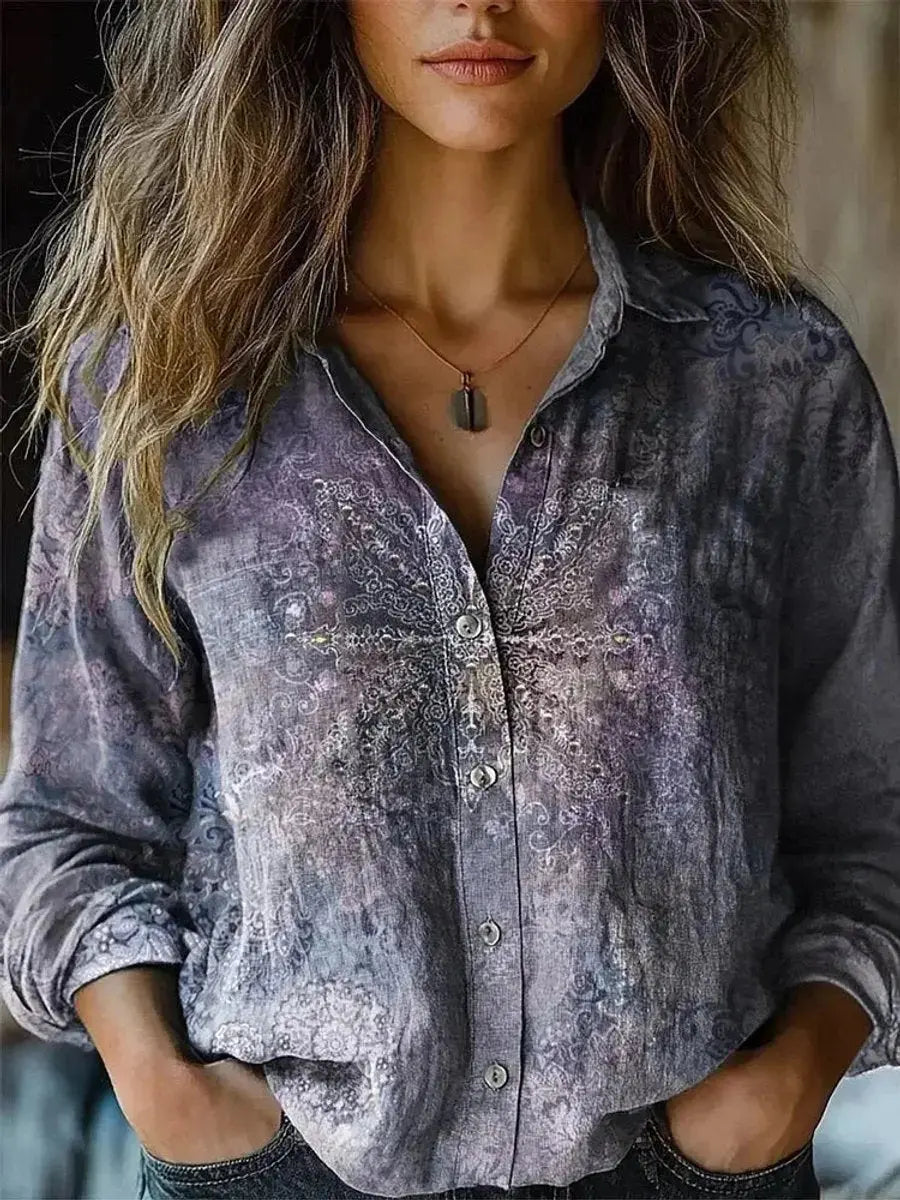 Paisley floral print women's long sleeve button-up blouse, a stylish and comfortable boho top.