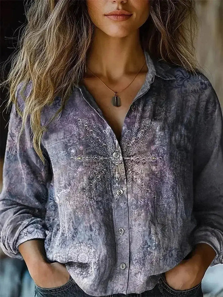 Paisley floral print women's long sleeve button-up blouse, a stylish and comfortable boho top.