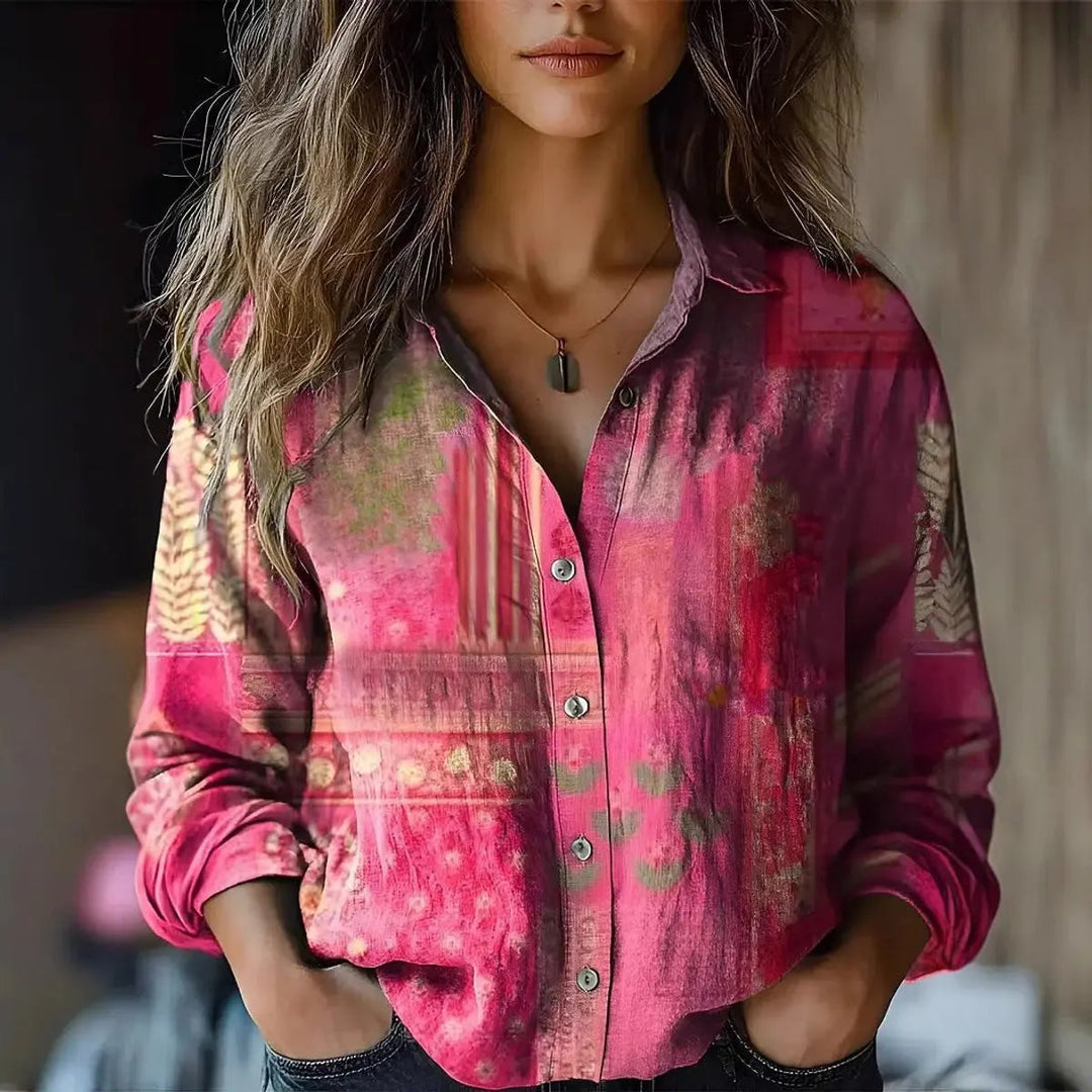 Relaxed fit women's floral print long sleeve button-up blouse for casual everyday fashion.