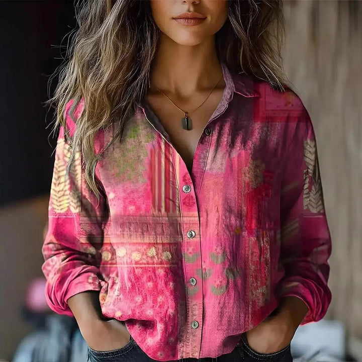 Relaxed fit women's floral print long sleeve button-up blouse for casual everyday fashion.