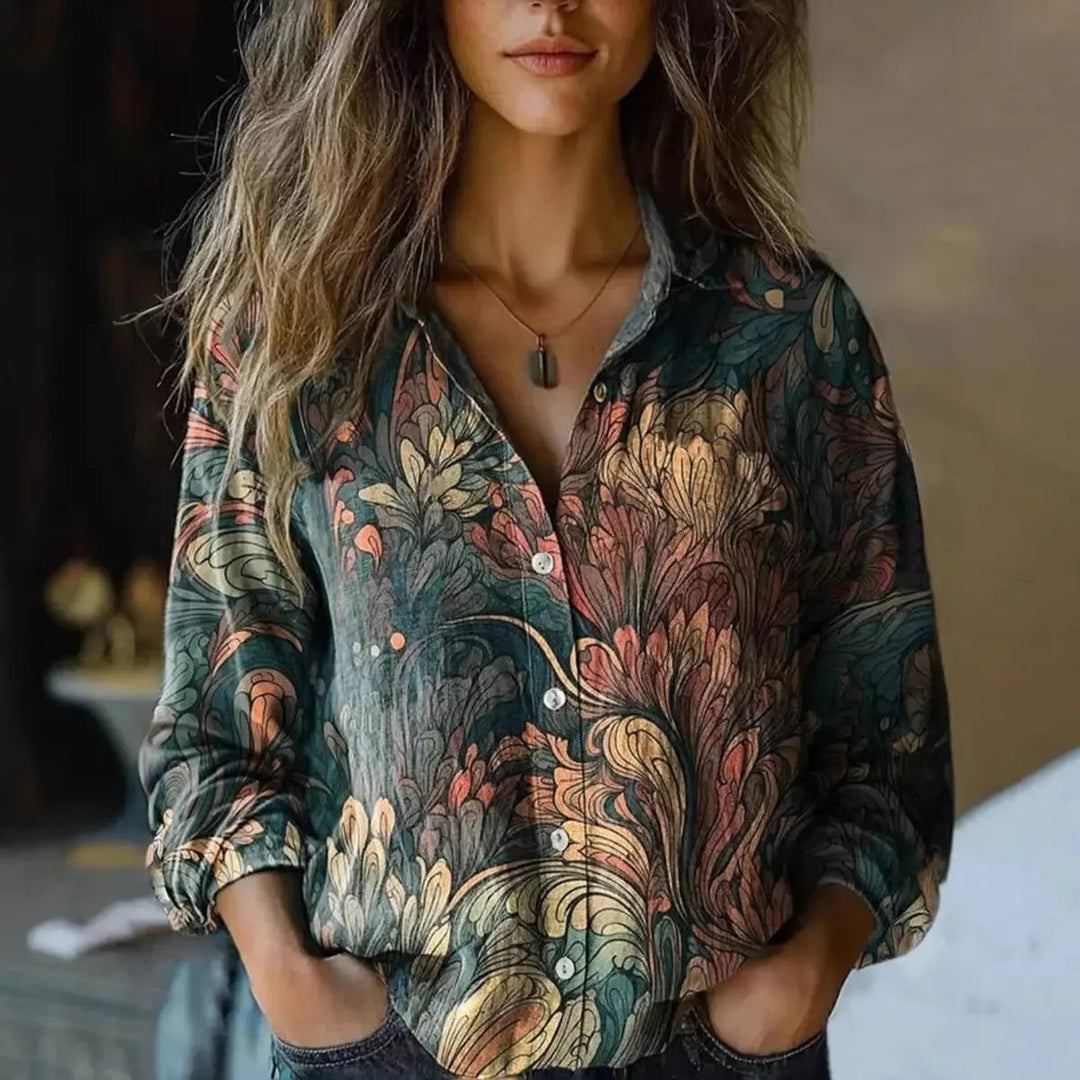 Smart casual women's long sleeve floral blouse, a versatile button-up top for everyday wear.
