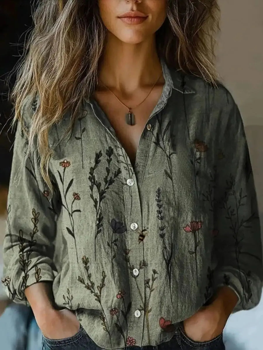 Everyday women's boho long sleeve button-up top, a comfortable floral print blouse with relaxed fit.