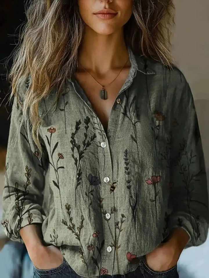 Everyday women's boho long sleeve button-up top, a comfortable floral print blouse with relaxed fit.