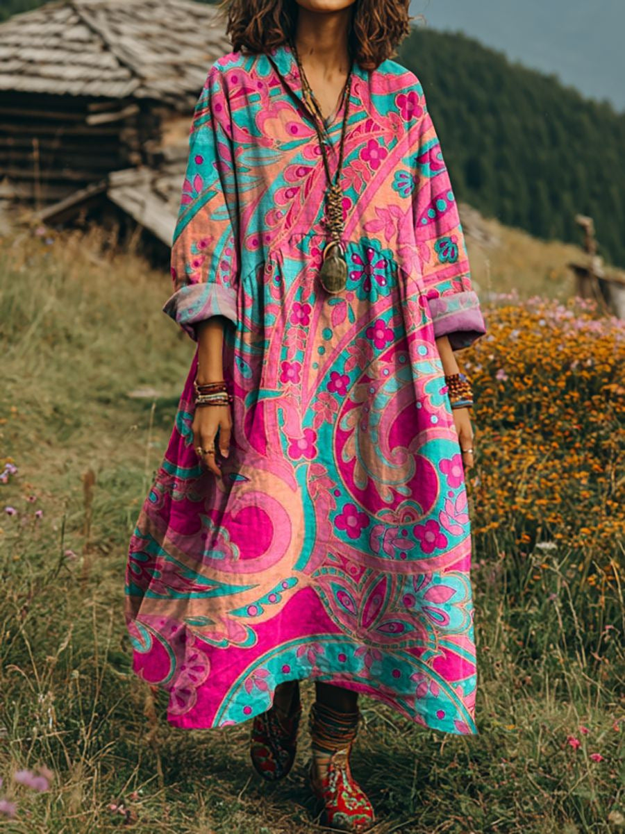 Women's boho floral midi dress with long sleeves, V-neck, and flowy silhouette, perfect for summer vacations & casual elegance.