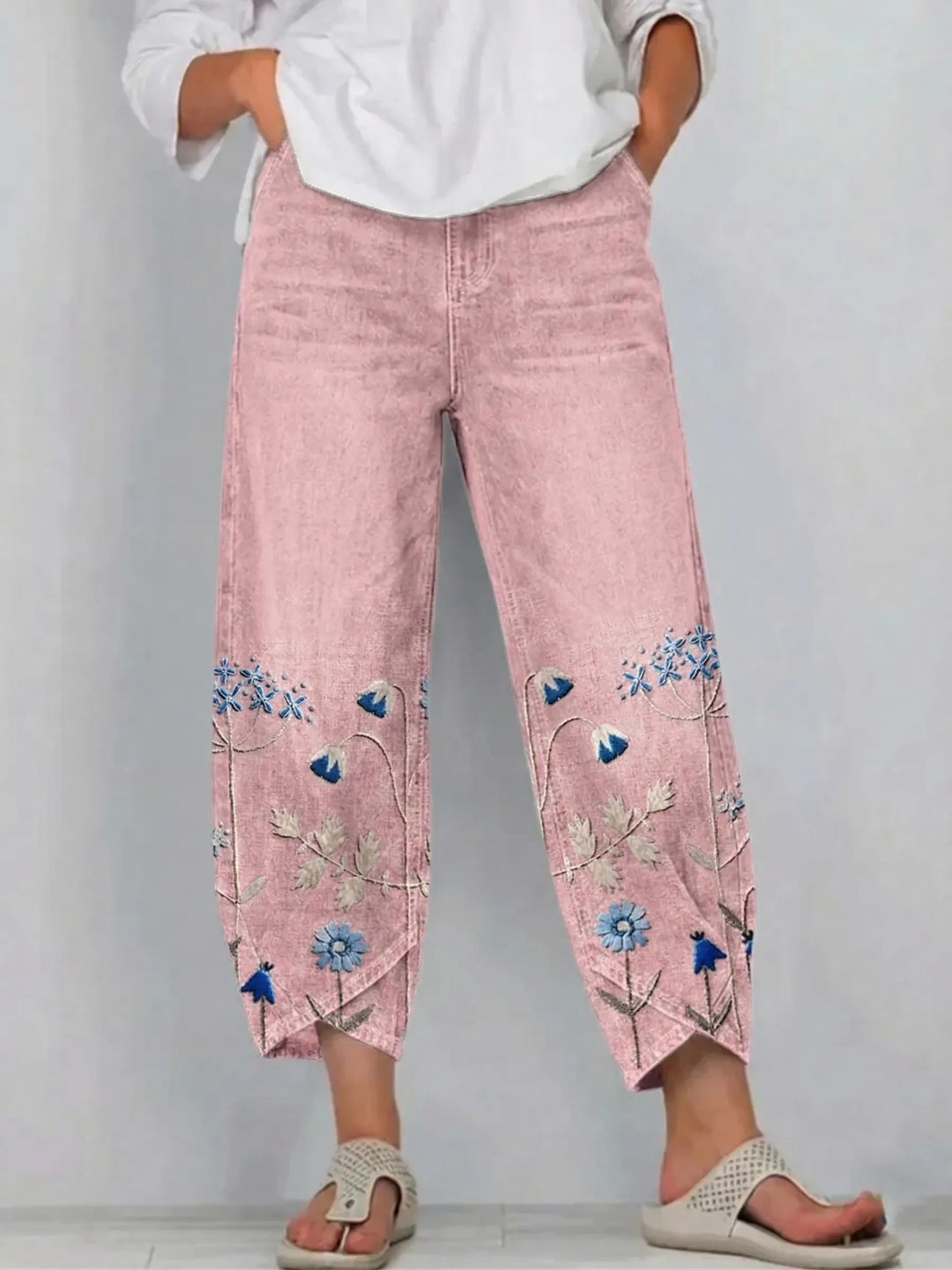 Stylish women's lightweight floral print boho trousers, perfect for summer casual wear.