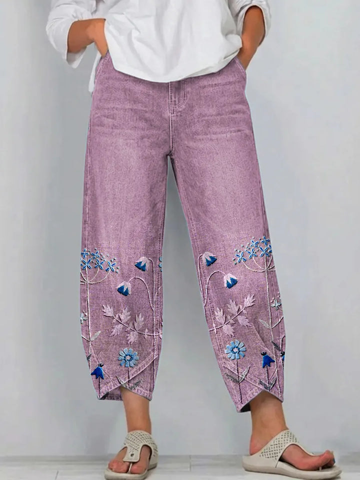Bohemian floral print women's trousers, comfortable relaxed fit, perfect lightweight summer bottoms.
