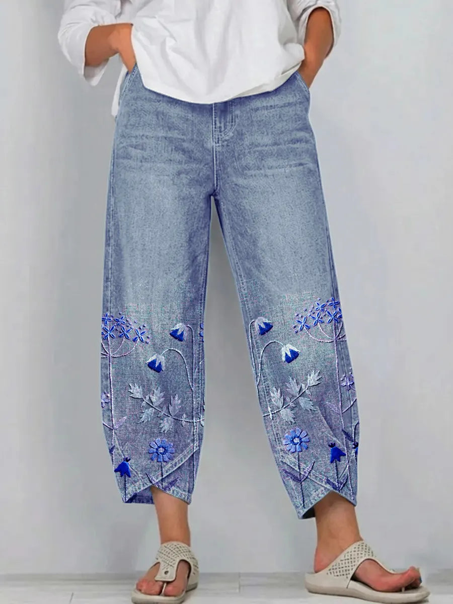Stylish women's boho floral print relaxed fit trousers, lightweight and comfortable for summer.