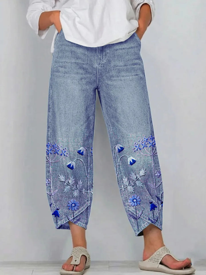 Stylish women's boho floral print relaxed fit trousers, lightweight and comfortable for summer.
