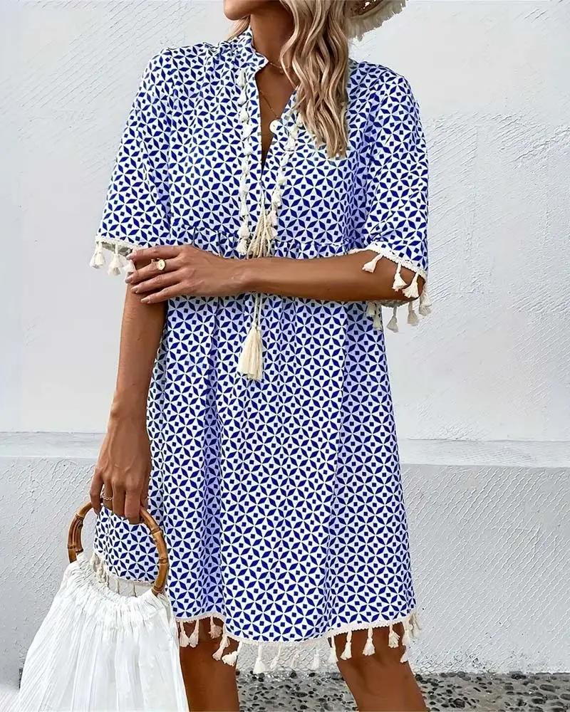 Versatile women's boho geometric print mini tunic dress, great for beach days, casual outings, or resort wear.