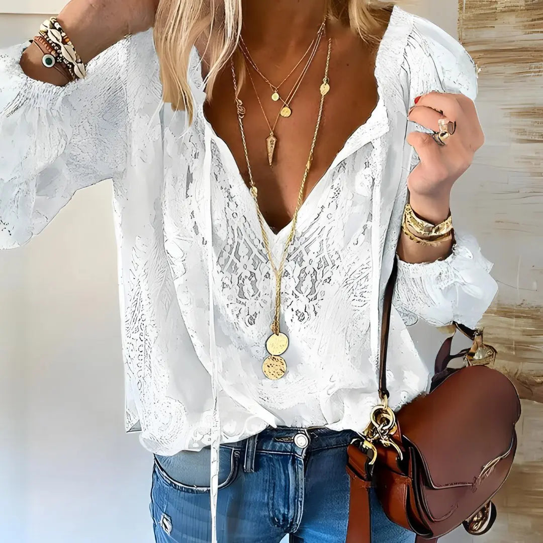 Elegant women's deep V-neck long sleeve lace top, versatile for casual or dressy bohemian outfits.