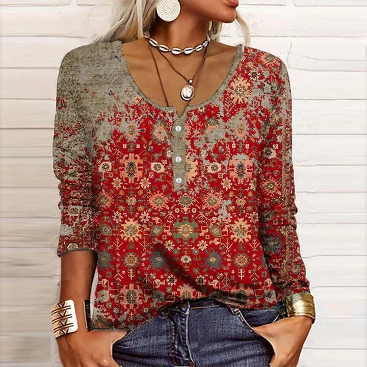 Women's boho long-sleeve blouse with V-neck Henley placket & gradient print. Ideal for casual, bohemian style.