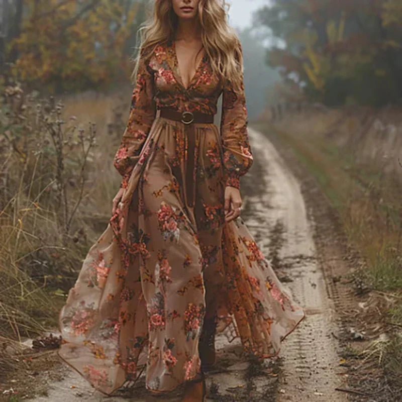 Bohemian floral print maxi dress for women, featuring long sleeves & tiered skirt. Ideal spring/summer fashion & casual wear.