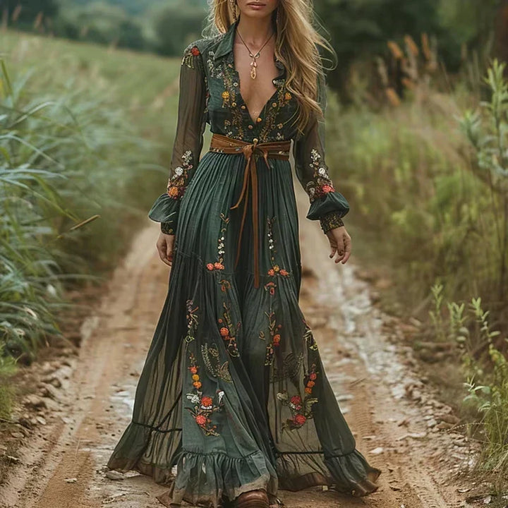 Flowy women's long sleeve boho maxi dress with a beautiful floral print & tiered skirt. Versatile for casual or vacation fashion.
