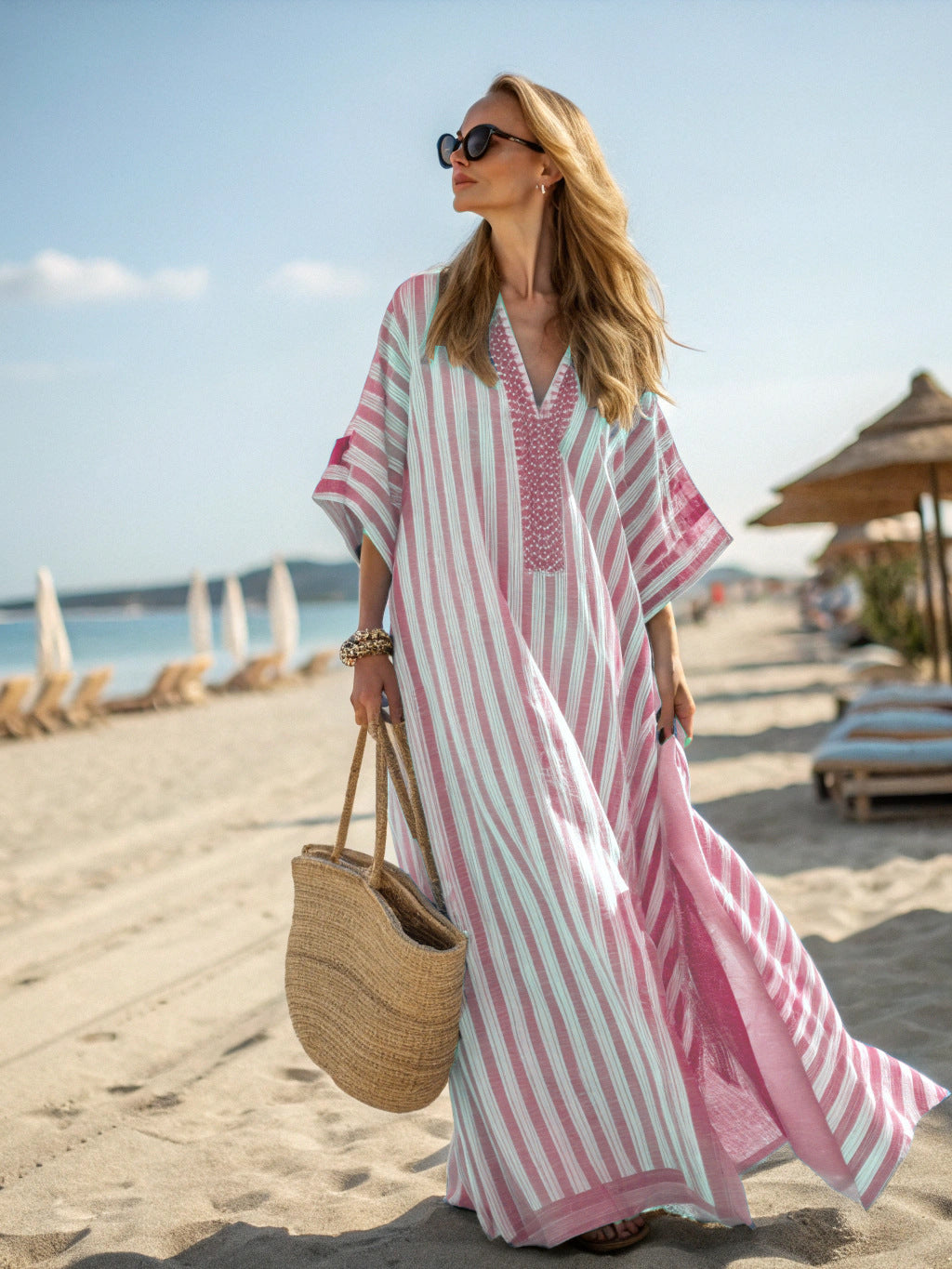 Relaxed fit Women's Boho V-neck Maxi Dress with elegant stripe trim, comfortable & chic summer fashion.