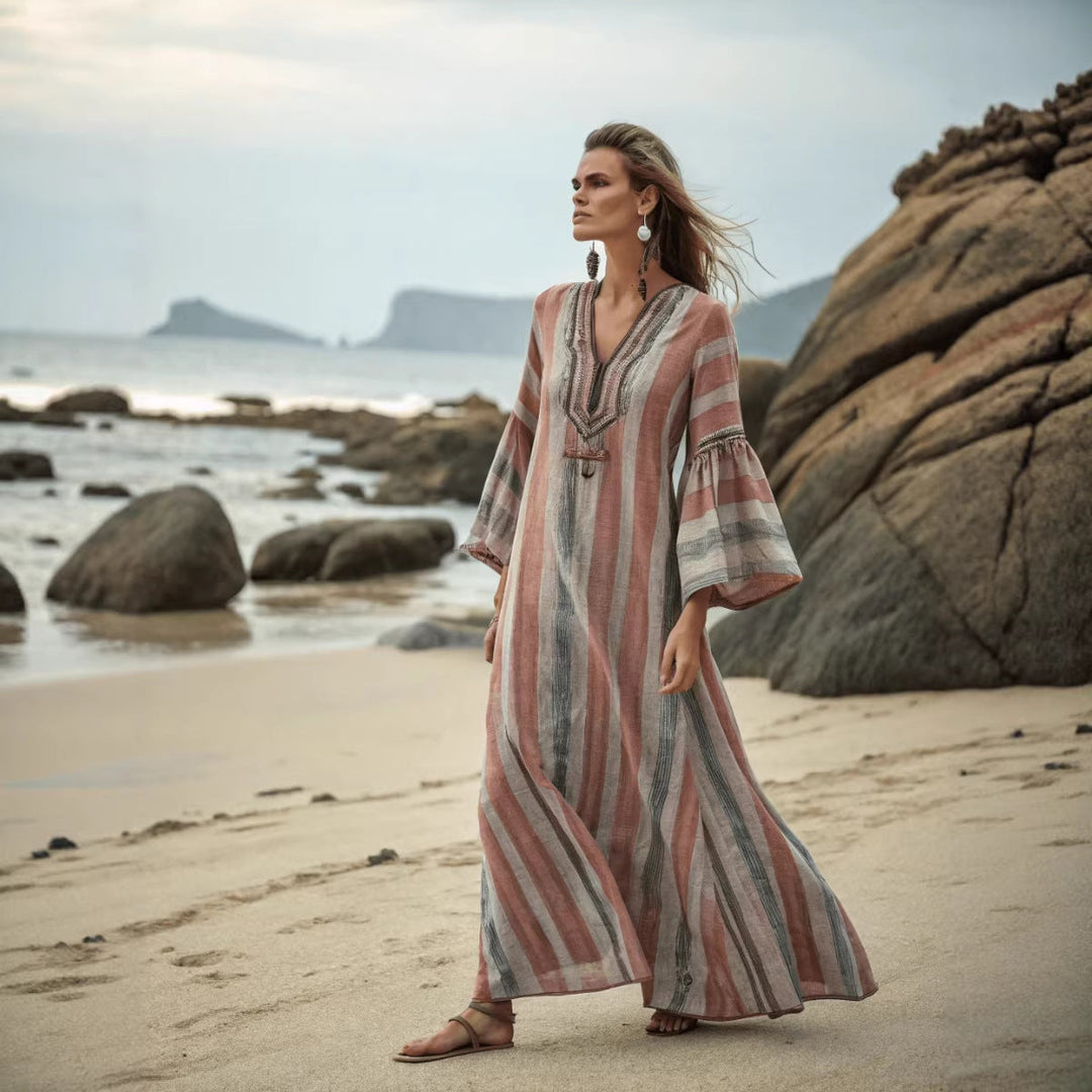 Elegant Women's Boho Maxi Dress, striped V-neck kaftan, chic resort fashion for summer evenings.