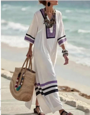 Stylish Women's Boho Maxi Dress, V-neck Kaftan, great for casual everyday wear or relaxed summer outings.