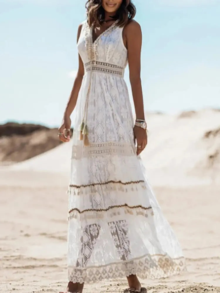 Stylish women's V-neck draped boho maxi dress with a flattering drawstring waist, ideal for relaxed elegance.