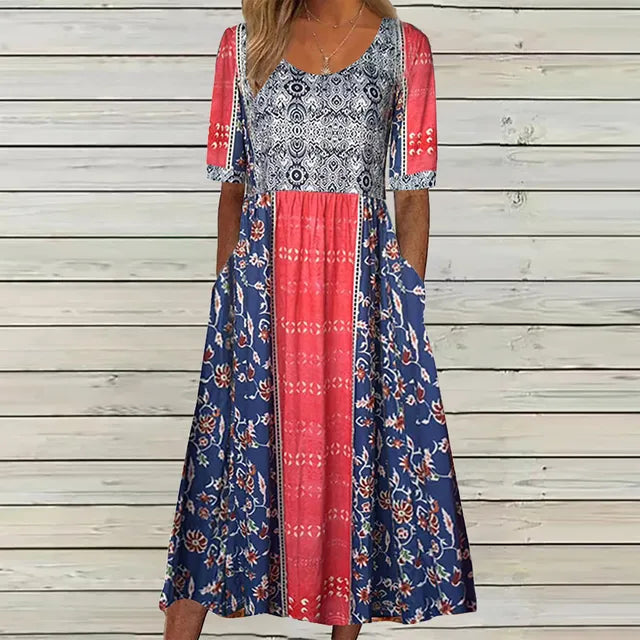 Casual women's boho midi dress, short sleeve flowing style, great for summer everyday wear and relaxed occasions.