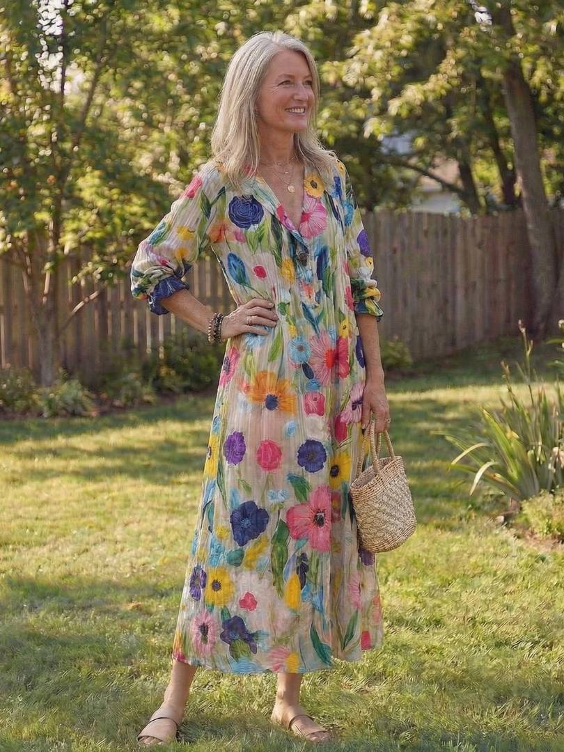 Women's Boho Midi Dress with button-front closure and vibrant floral print, perfect for summer casual wear.