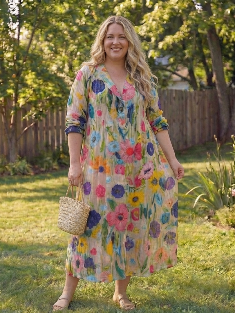 Bohemian style women's midi dress featuring a beautiful floral pattern and practical button-front design.