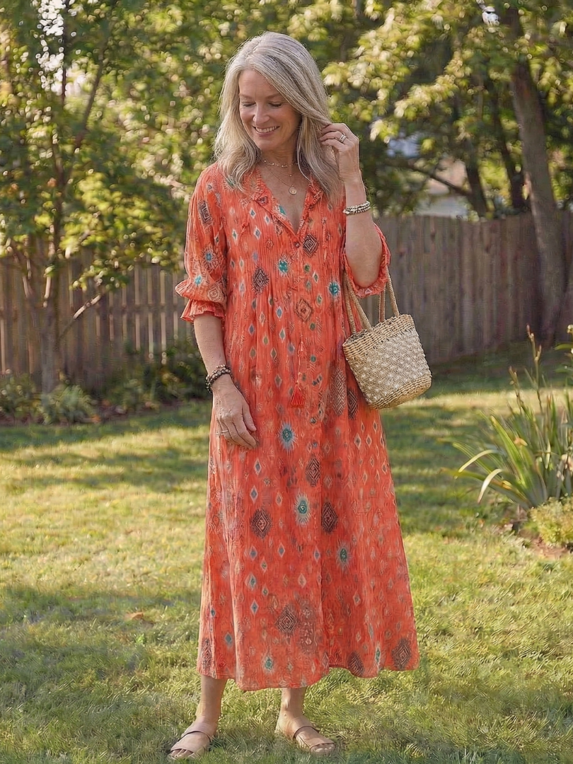 Lightweight summer floral midi dress for women, with a stylish button-front and comfortable boho design.