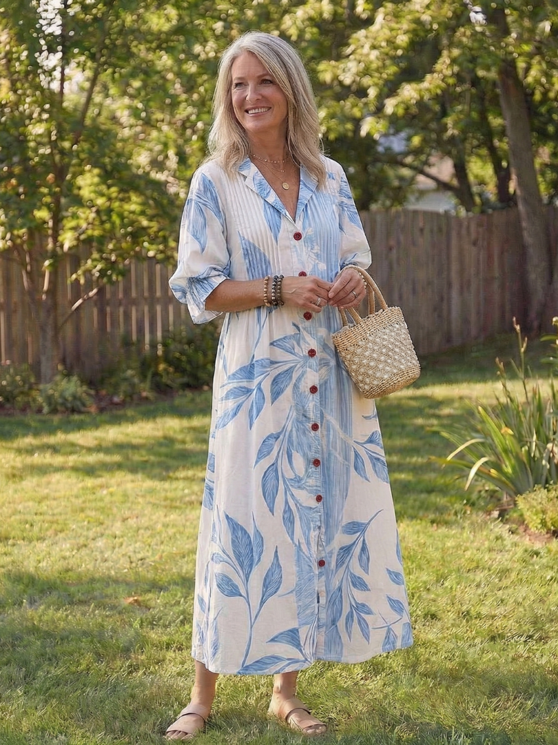 Everyday fashion: women's boho midi dress with intricate floral print and elegant button-front detail.