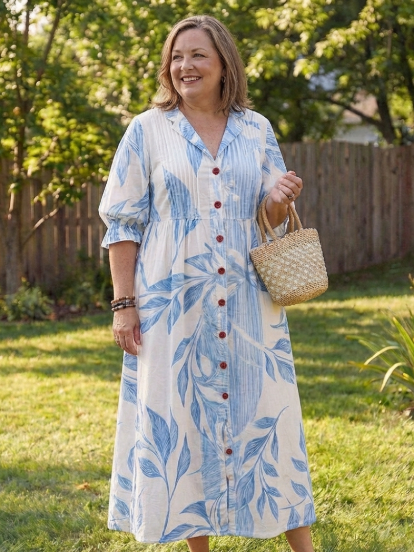 Chic women's floral midi dress, button-front style, perfect for bohemian summer outings and casual wear.