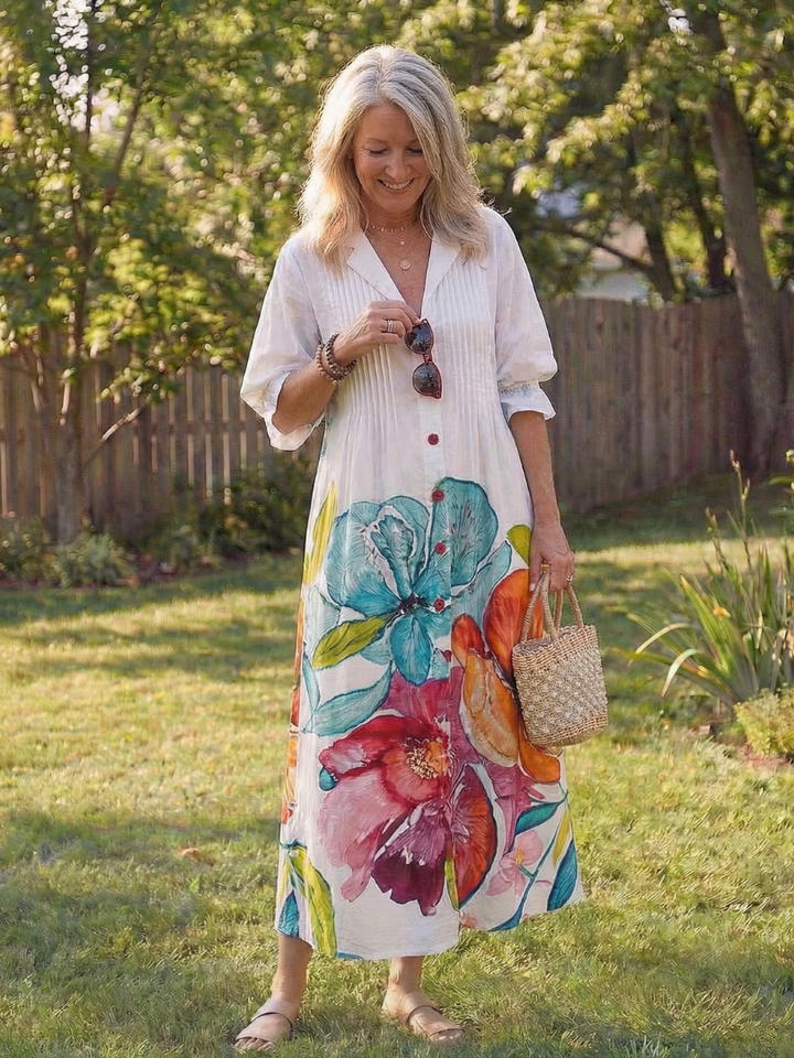 Flowy button-front women's midi dress in a gorgeous floral boho print, great for comfortable everyday fashion.