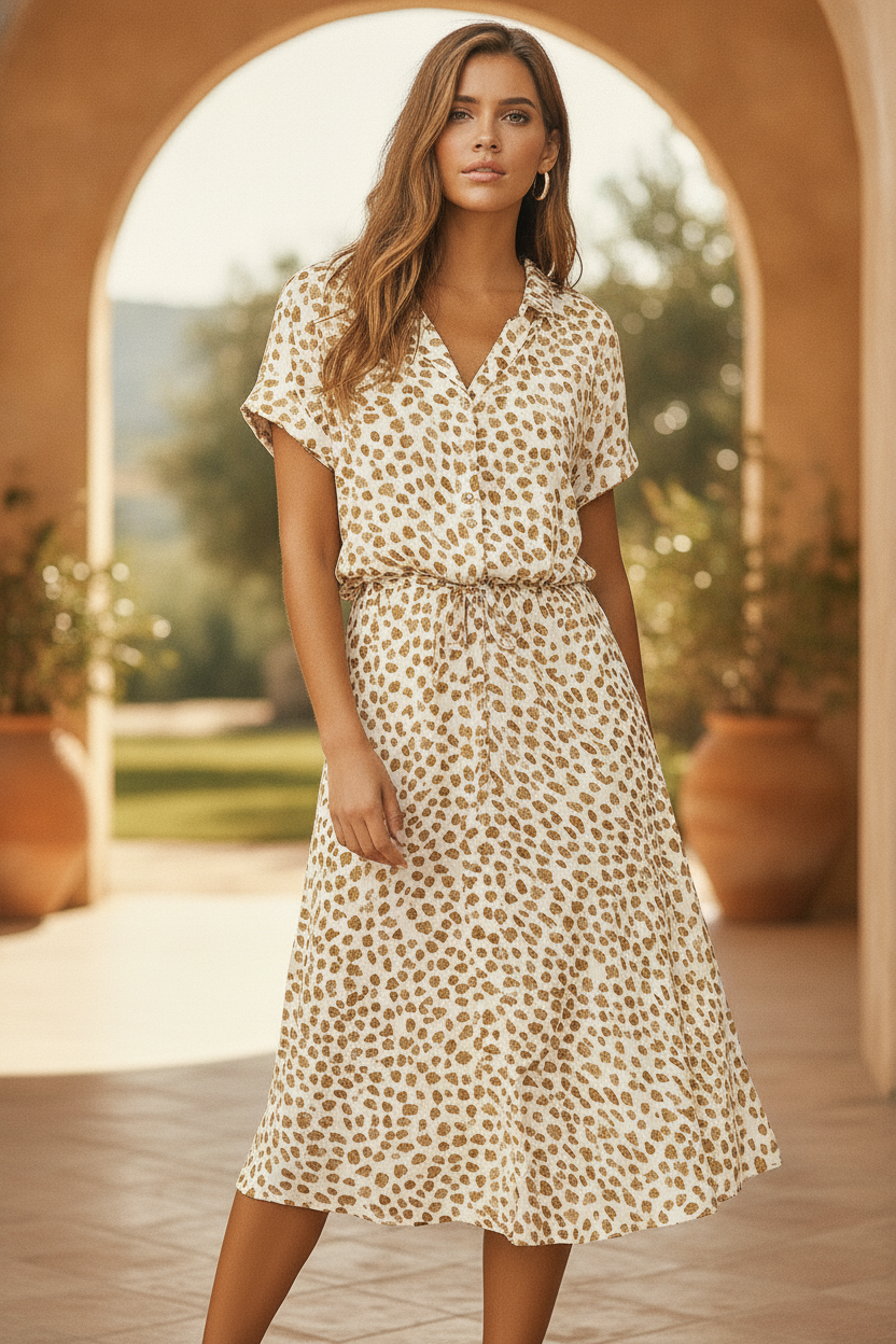 Women's boho midi garden party dress with classic polka dots & tie waist. Perfect for summer events.