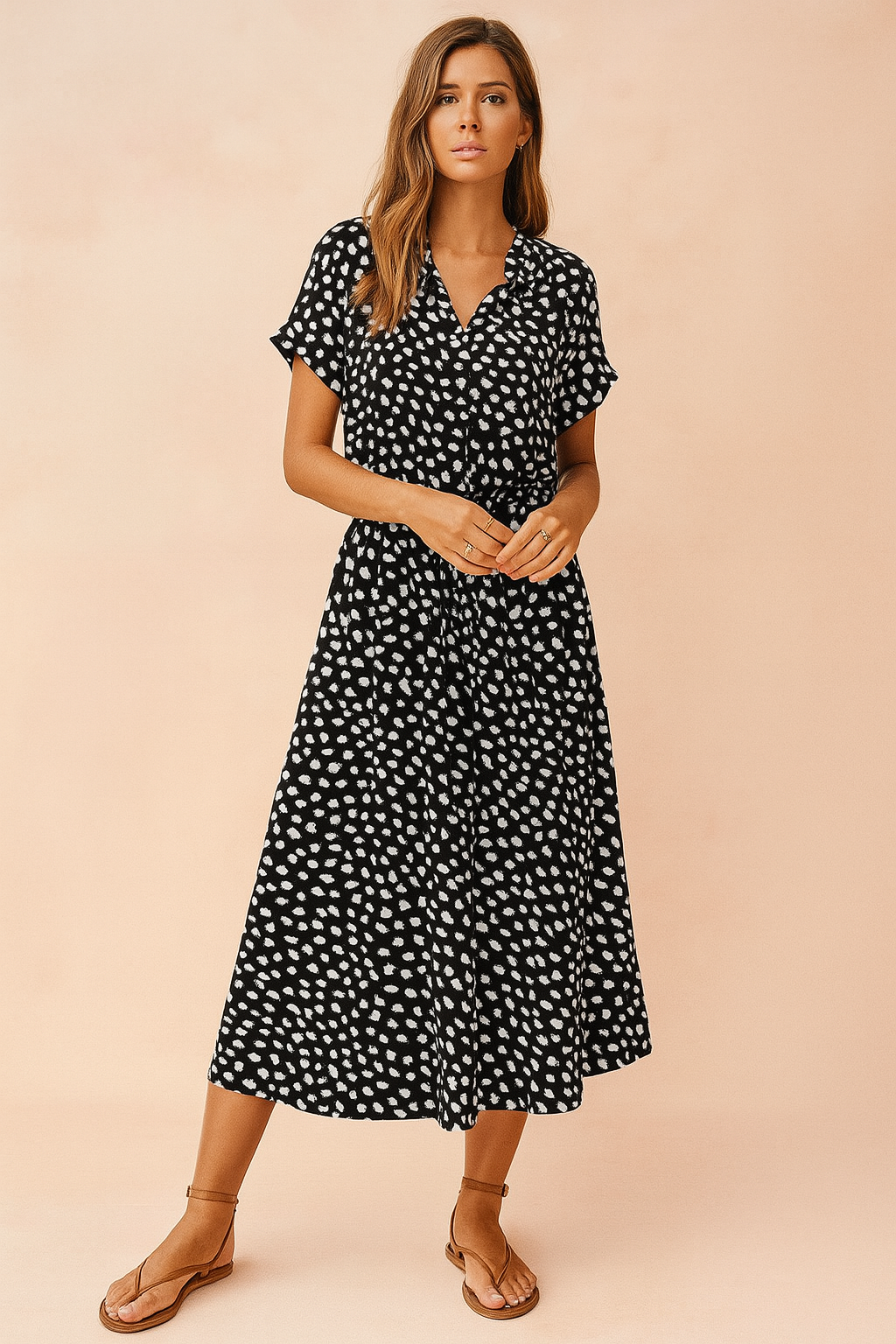 Flowy women's polka dot midi dress, bohemian chic, perfect for garden parties & warm weather occasions.