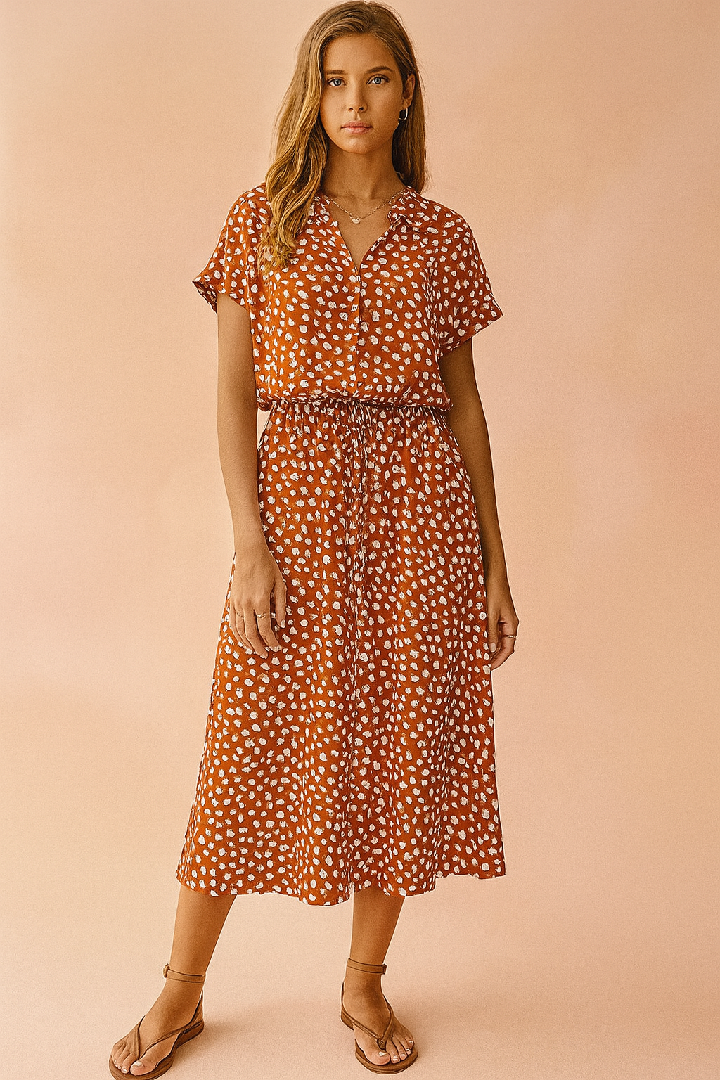 Stylish women's boho midi dress featuring a polka dot print and comfortable tie waist for summer.