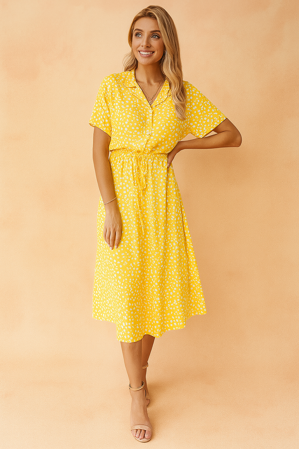 Beautiful women's floaty midi dress, polka dot print, boho chic style for any summer occasion.