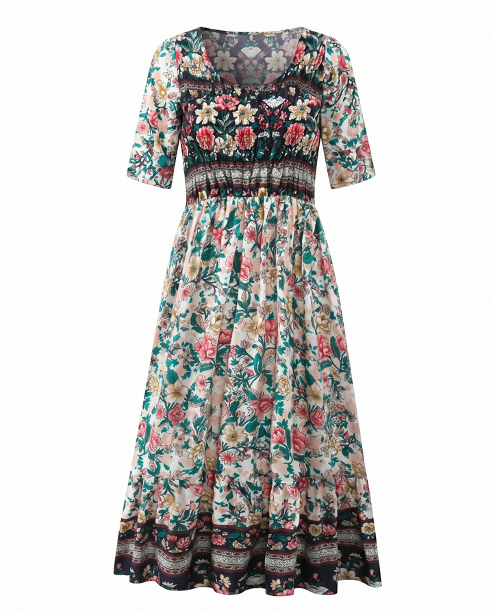 Women's casual tiered midi dress, vibrant boho print, sleeveless, shirred top.